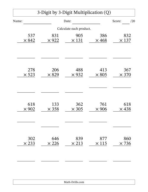 The Multiplying 3-Digit by 3-Digit Numbers (Q) Math Worksheet