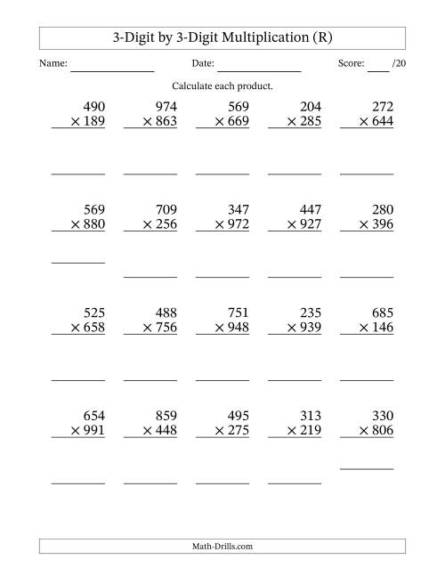 The Multiplying 3-Digit by 3-Digit Numbers (R) Math Worksheet