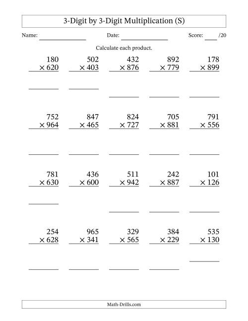 The Multiplying 3-Digit by 3-Digit Numbers (S) Math Worksheet