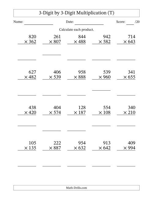 The Multiplying 3-Digit by 3-Digit Numbers (T) Math Worksheet