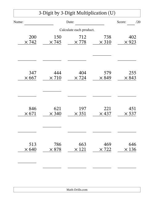 The Multiplying 3-Digit by 3-Digit Numbers (U) Math Worksheet
