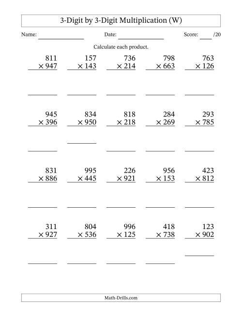 The Multiplying 3-Digit by 3-Digit Numbers (W) Math Worksheet