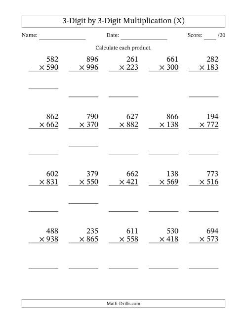 The Multiplying 3-Digit by 3-Digit Numbers (X) Math Worksheet