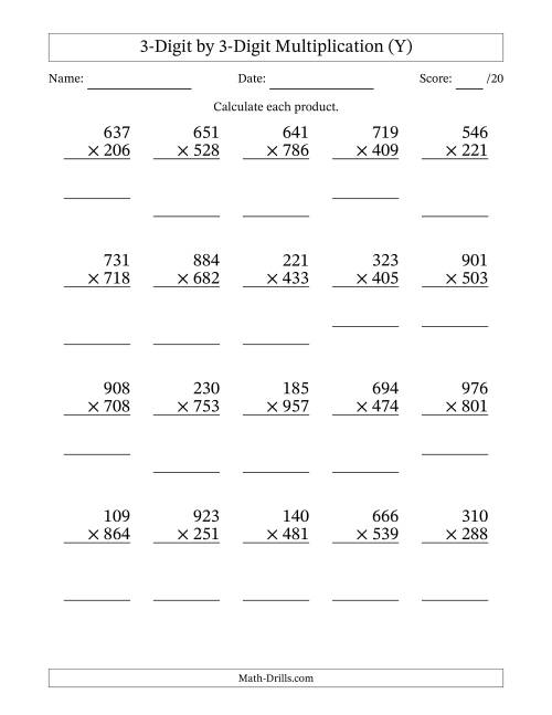 The Multiplying 3-Digit by 3-Digit Numbers (Y) Math Worksheet