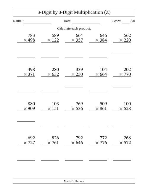 The Multiplying 3-Digit by 3-Digit Numbers (Z) Math Worksheet