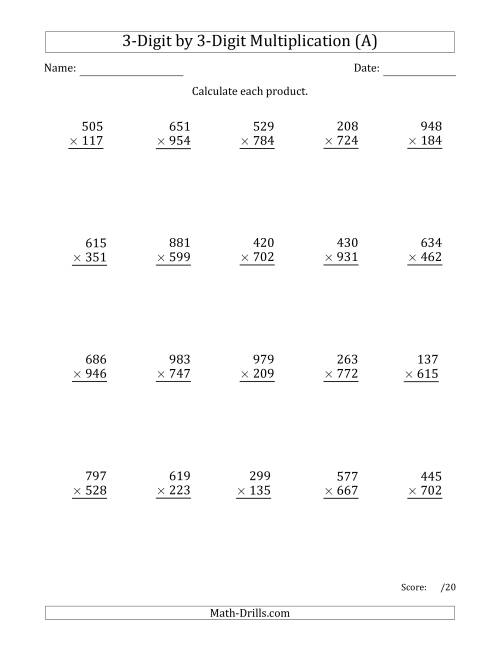 The Multiplying 3-Digit by 3-Digit Numbers (Old) Math Worksheet