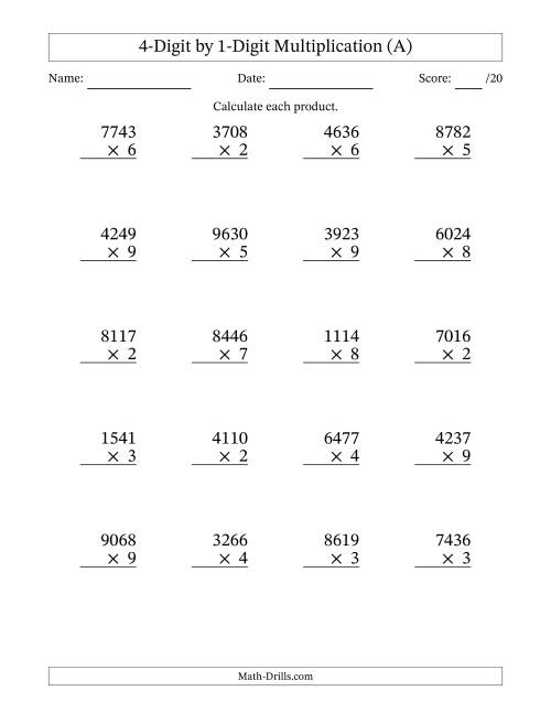 The Multiplying 4-Digit by 1-Digit Numbers (A) Math Worksheet