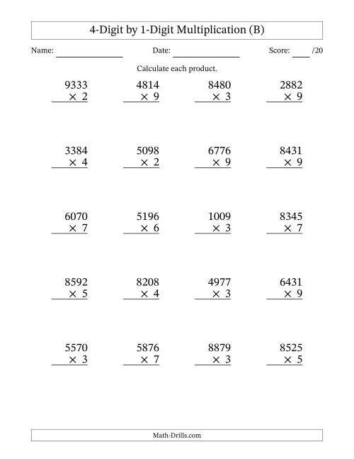 The Multiplying 4-Digit by 1-Digit Numbers (B) Math Worksheet