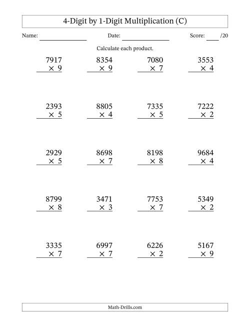 The Multiplying 4-Digit by 1-Digit Numbers (C) Math Worksheet