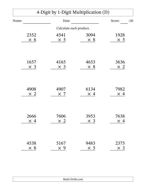 The Multiplying 4-Digit by 1-Digit Numbers (D) Math Worksheet