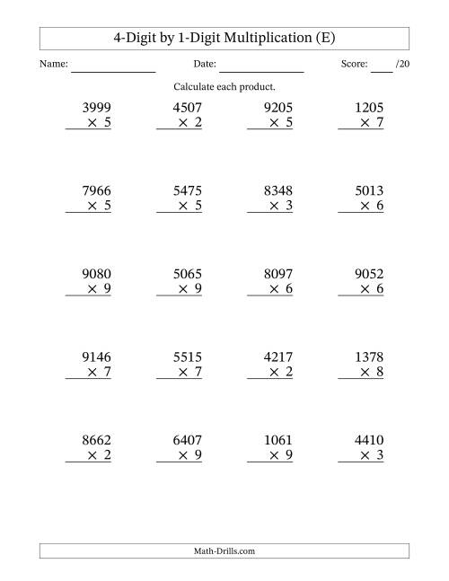 The Multiplying 4-Digit by 1-Digit Numbers (E) Math Worksheet