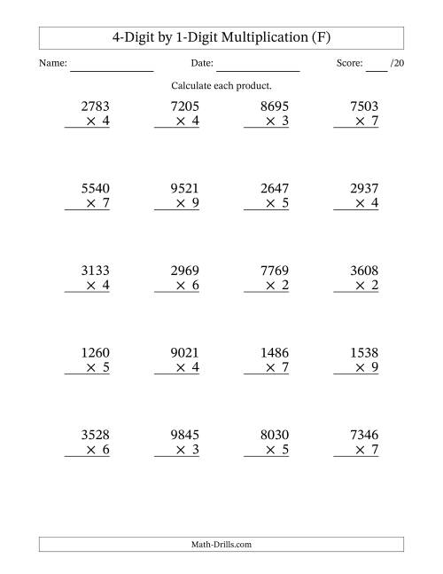 The Multiplying 4-Digit by 1-Digit Numbers (F) Math Worksheet
