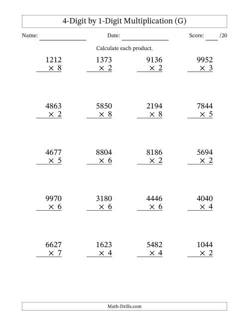 The Multiplying 4-Digit by 1-Digit Numbers (G) Math Worksheet