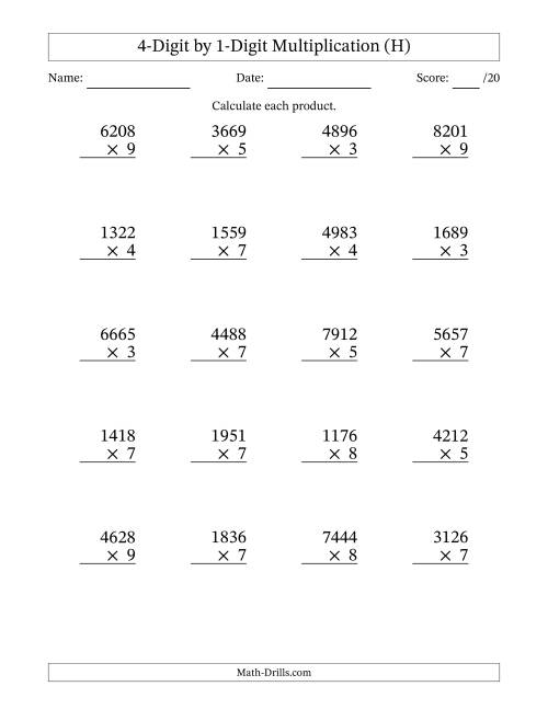 The Multiplying 4-Digit by 1-Digit Numbers (H) Math Worksheet