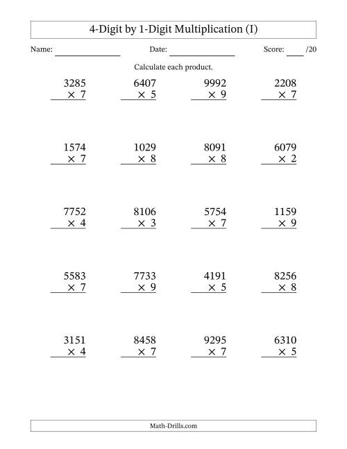 The Multiplying 4-Digit by 1-Digit Numbers (I) Math Worksheet