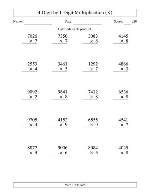 The Multiplying 4-Digit by 1-Digit Numbers (K) Math Worksheet