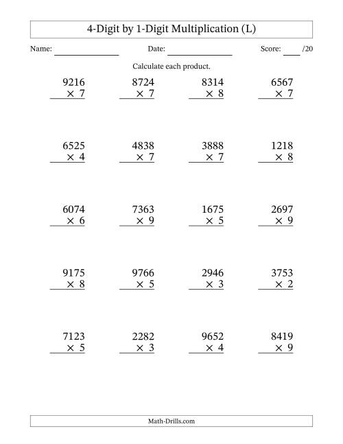 The Multiplying 4-Digit by 1-Digit Numbers (L) Math Worksheet