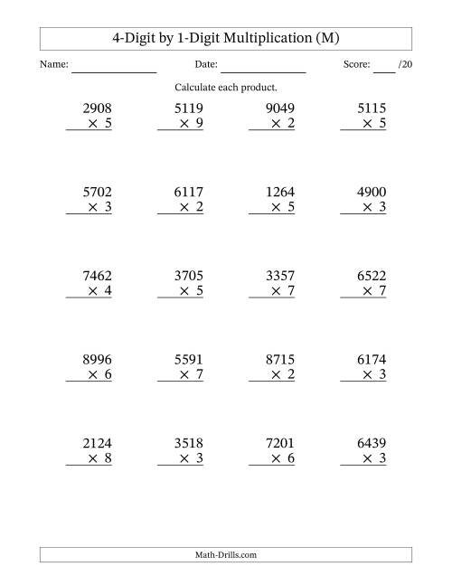 The Multiplying 4-Digit by 1-Digit Numbers (M) Math Worksheet