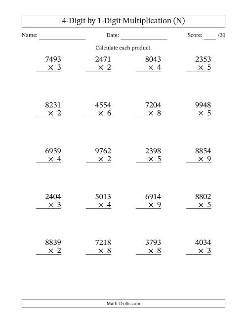 The Multiplying 4-Digit by 1-Digit Numbers (N) Math Worksheet