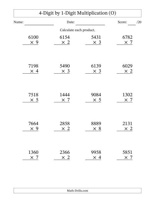 The Multiplying 4-Digit by 1-Digit Numbers (O) Math Worksheet