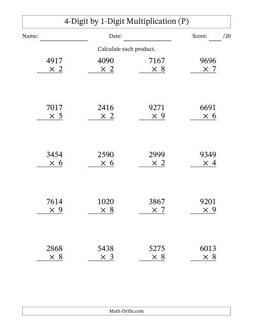The Multiplying 4-Digit by 1-Digit Numbers (P) Math Worksheet