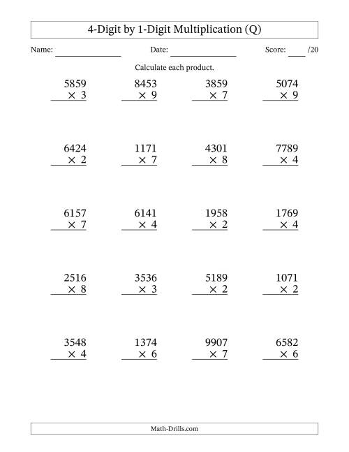 The Multiplying 4-Digit by 1-Digit Numbers (Q) Math Worksheet