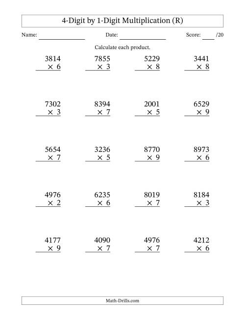 The Multiplying 4-Digit by 1-Digit Numbers (R) Math Worksheet