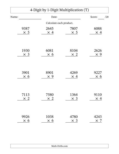 The Multiplying 4-Digit by 1-Digit Numbers (T) Math Worksheet