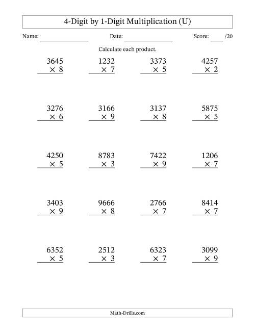 The Multiplying 4-Digit by 1-Digit Numbers (U) Math Worksheet