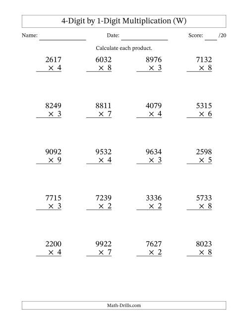 The Multiplying 4-Digit by 1-Digit Numbers (W) Math Worksheet