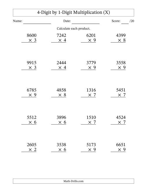 The Multiplying 4-Digit by 1-Digit Numbers (X) Math Worksheet