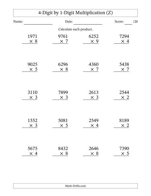 The Multiplying 4-Digit by 1-Digit Numbers (Z) Math Worksheet