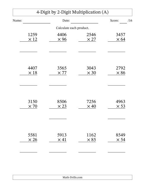 The Multiplying 4-Digit by 2-Digit Numbers (A) Math Worksheet