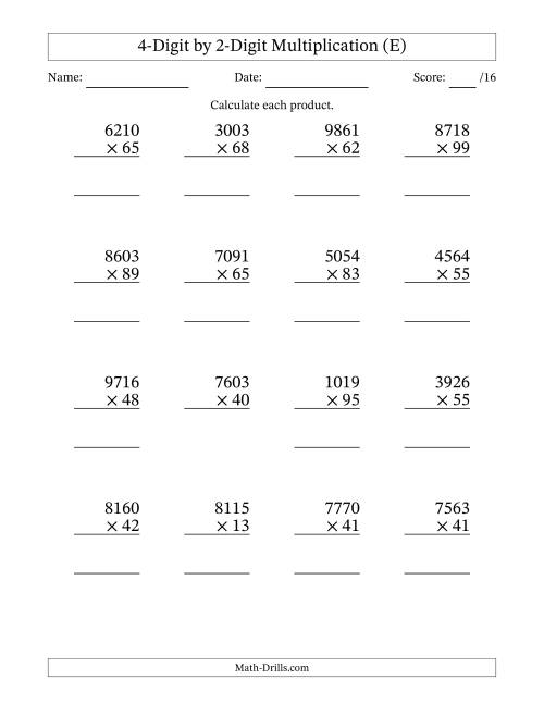 The Multiplying 4-Digit by 2-Digit Numbers (E) Math Worksheet