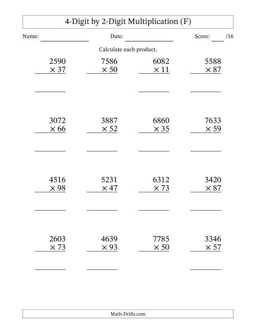 The Multiplying 4-Digit by 2-Digit Numbers (F) Math Worksheet