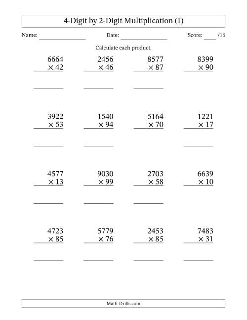 The Multiplying 4-Digit by 2-Digit Numbers (I) Math Worksheet