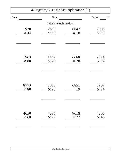 The Multiplying 4-Digit by 2-Digit Numbers (J) Math Worksheet