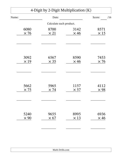 The Multiplying 4-Digit by 2-Digit Numbers (K) Math Worksheet