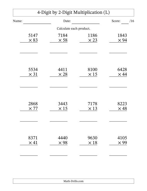 The Multiplying 4-Digit by 2-Digit Numbers (L) Math Worksheet