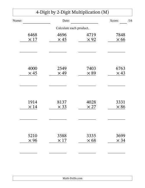 The Multiplying 4-Digit by 2-Digit Numbers (M) Math Worksheet
