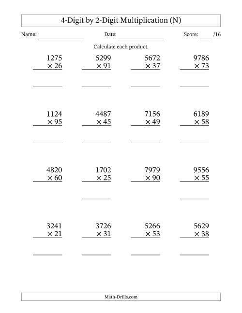 The Multiplying 4-Digit by 2-Digit Numbers (N) Math Worksheet
