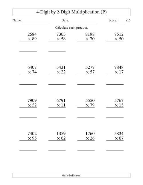 The Multiplying 4-Digit by 2-Digit Numbers (P) Math Worksheet