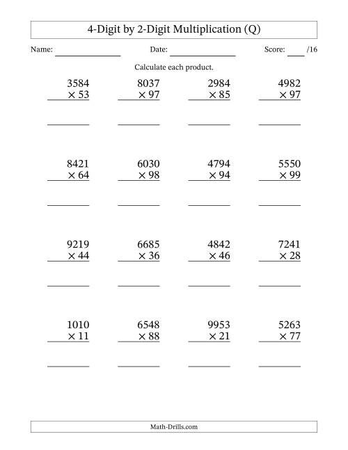 The Multiplying 4-Digit by 2-Digit Numbers (Q) Math Worksheet