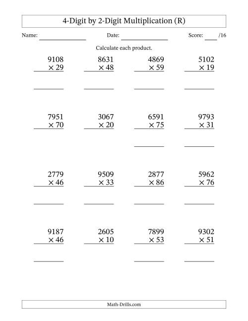The Multiplying 4-Digit by 2-Digit Numbers (R) Math Worksheet