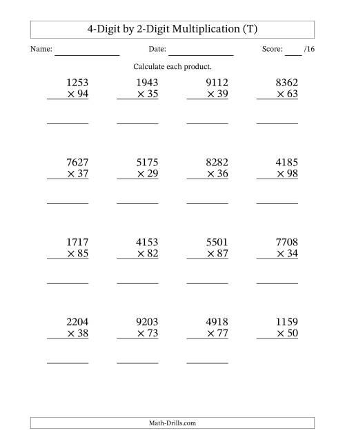 The Multiplying 4-Digit by 2-Digit Numbers (T) Math Worksheet