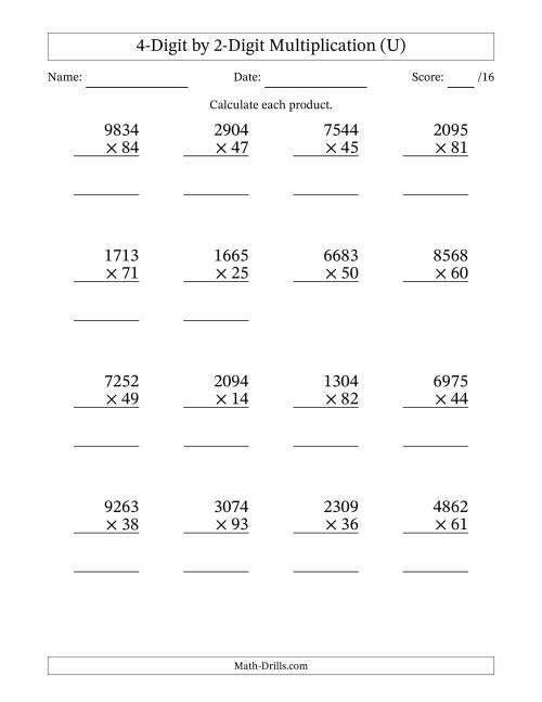 The Multiplying 4-Digit by 2-Digit Numbers (U) Math Worksheet