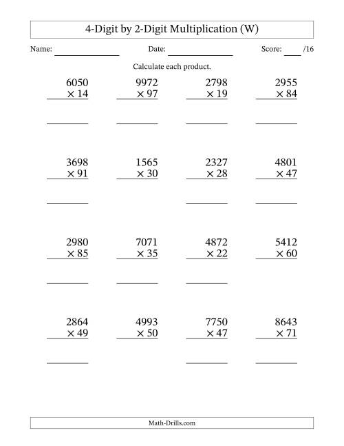 The Multiplying 4-Digit by 2-Digit Numbers (W) Math Worksheet
