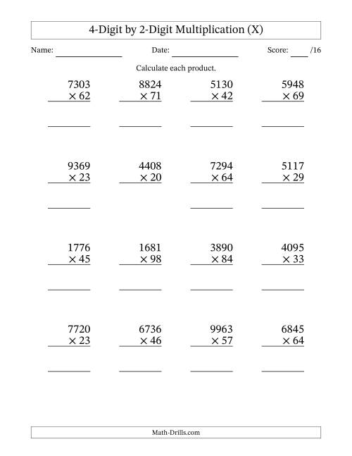 The Multiplying 4-Digit by 2-Digit Numbers (X) Math Worksheet