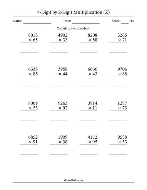 The Multiplying 4-Digit by 2-Digit Numbers (Z) Math Worksheet