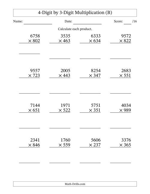 The Multiplying 4-Digit by 3-Digit Numbers (B) Math Worksheet